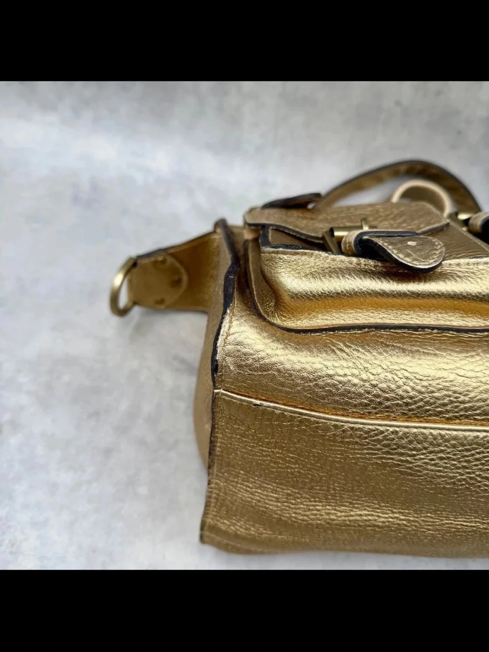 Mulberry Metallic Gold Leather Satchel with Buckle Pockets
